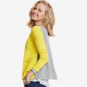 CAbi yellow and gray cardigan with white slip